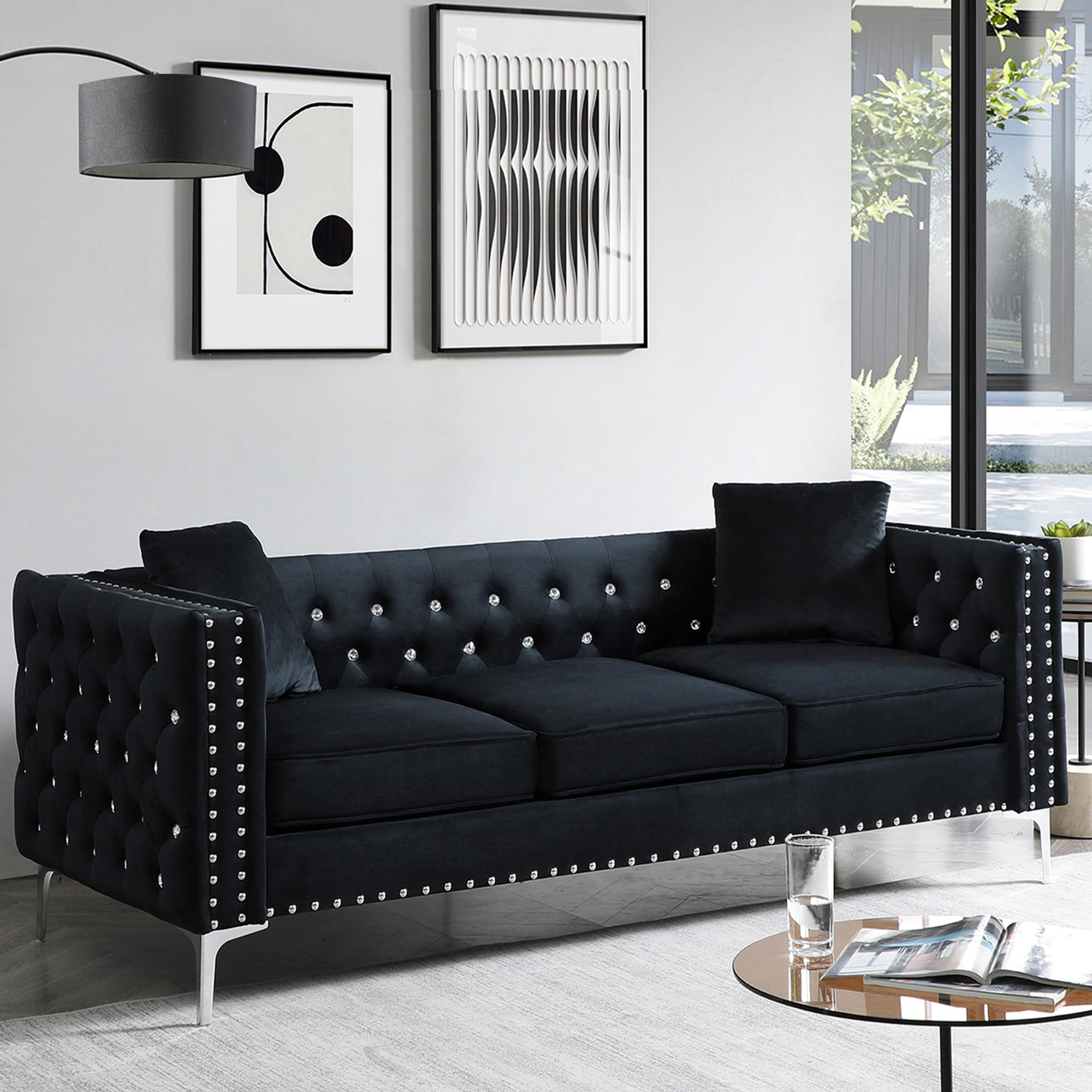 Velvet Sofa for Living Room,82.3" Jeweled Buttons Tufted Square Arm Couch,Modern Couch Upholstered Button and Metal Legs,Sofa Couch with 2 Pillows for Bedroom (Black+Velvet, 82.3 L*32.3 W*29.1 H)