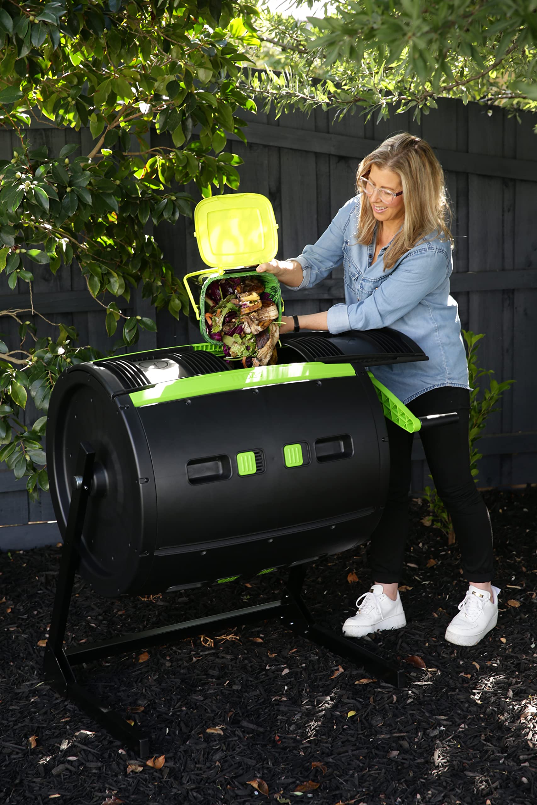 Maze 65 Gallon Outdoor Compost Bin Tumbler for Food Waste - Outdoor Compost Bin for Kitchen Garden & Homestead - Heavy Duty Dual Chamber Waste Recycling Machine