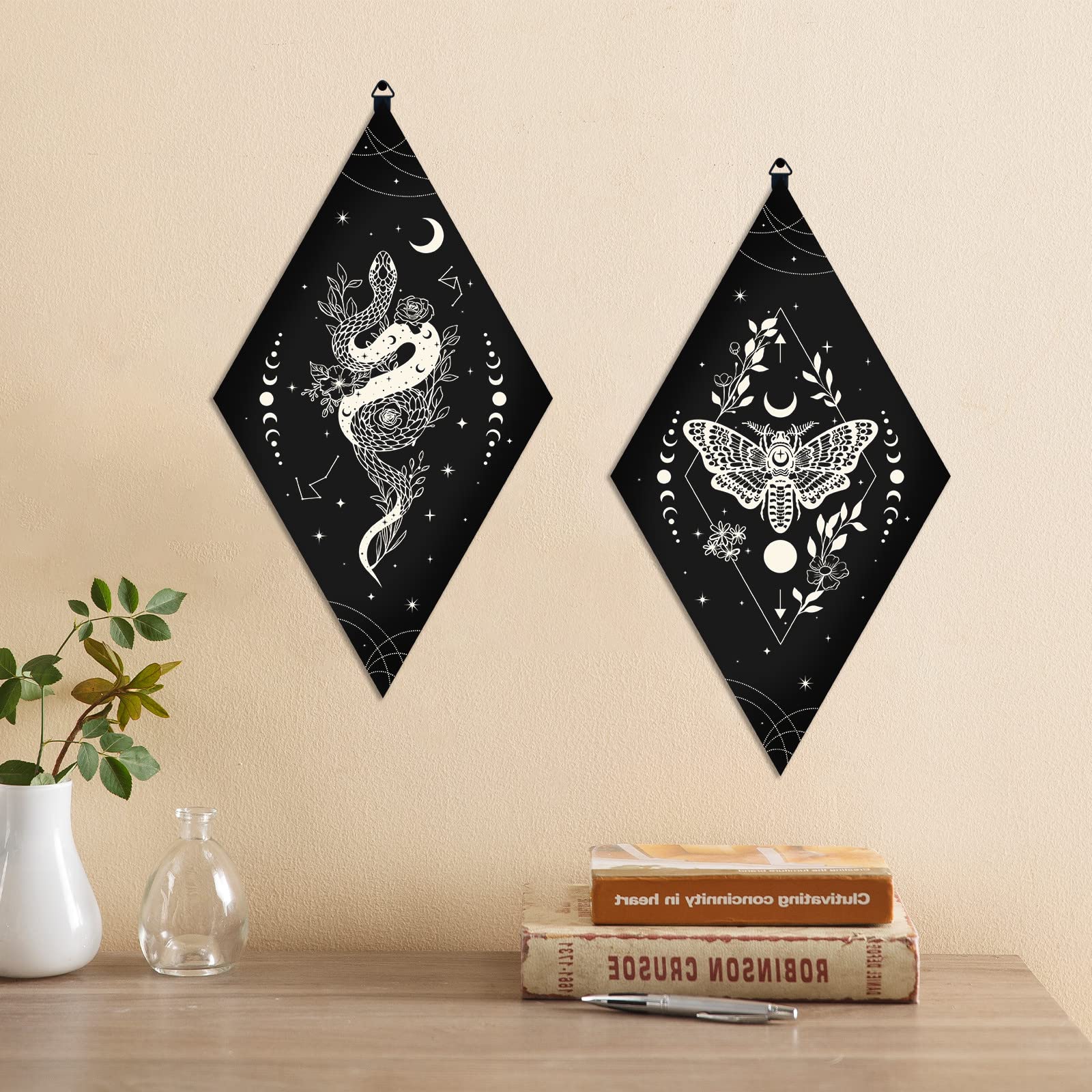 CRASPIRE Wooden Wall Decorations Boho 3pcs Black Wooden Pendulum Board Cats Snakes Moths Wall Hanging Ornament Rhombus Wall Art with Tarot Patterns for Witchcraft Wiccan Altar Supplies Home Gallery