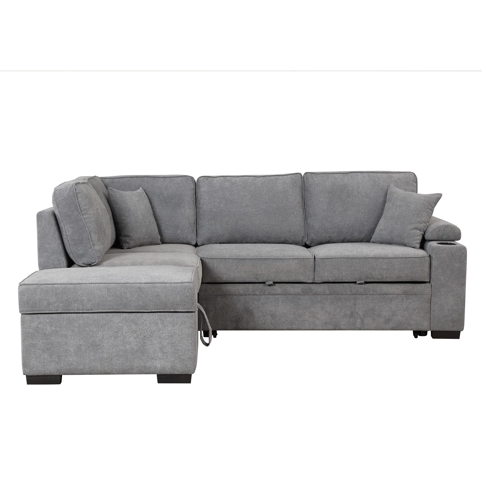 Merax Sleeper Sofa Bed L Shaped Sectional Couch with Storage Ottoman and Chaise for Living Room, Small Apartment Love Seats, Gray_Linen