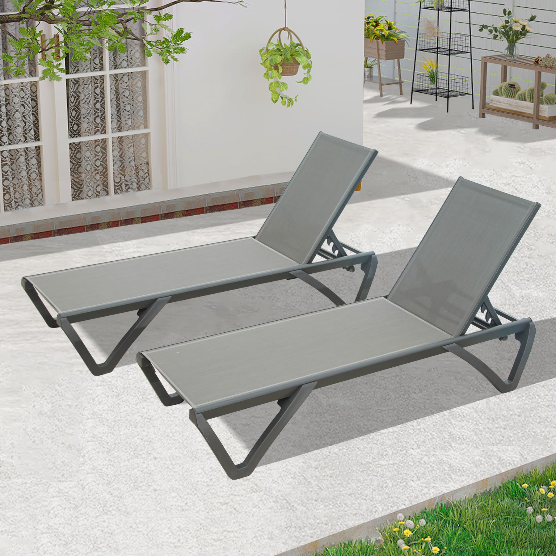 Domi Outdoor Chaise Lounge Set of 2,Pool Lounge Chair,Aluminum Sling Lounge Chairs for Outside with 5 Adjust able Positions (2 Grey Lounges W/O Table)