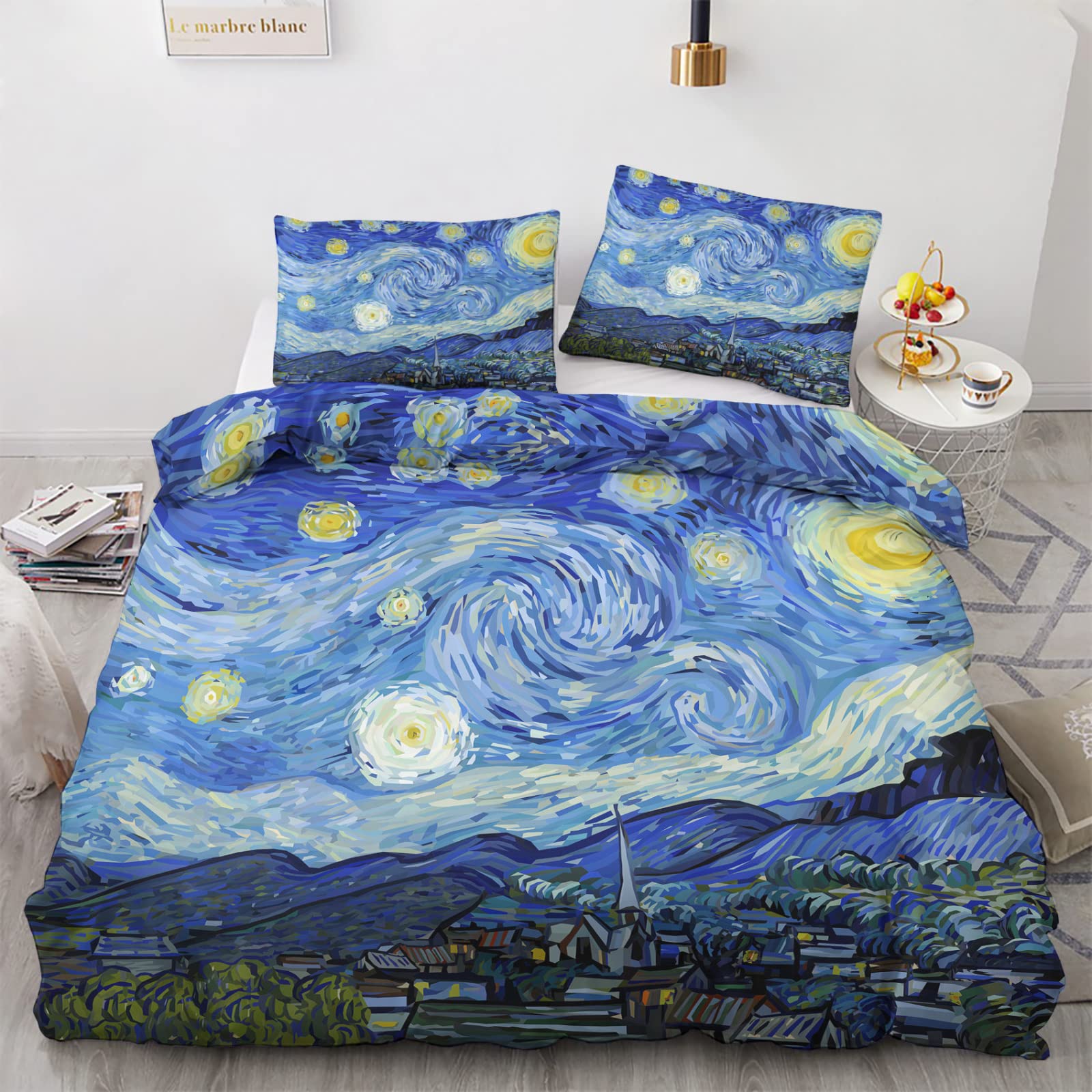 zcwl Queen Duvet Cover Set | Impressionism Bedding Set | Starry Night Pattern | 3 Piece | Soft Microfiber Comforter Cover with Zipper Ties & 2 Pillowcases | Impressionism Bedroom & Room Decor