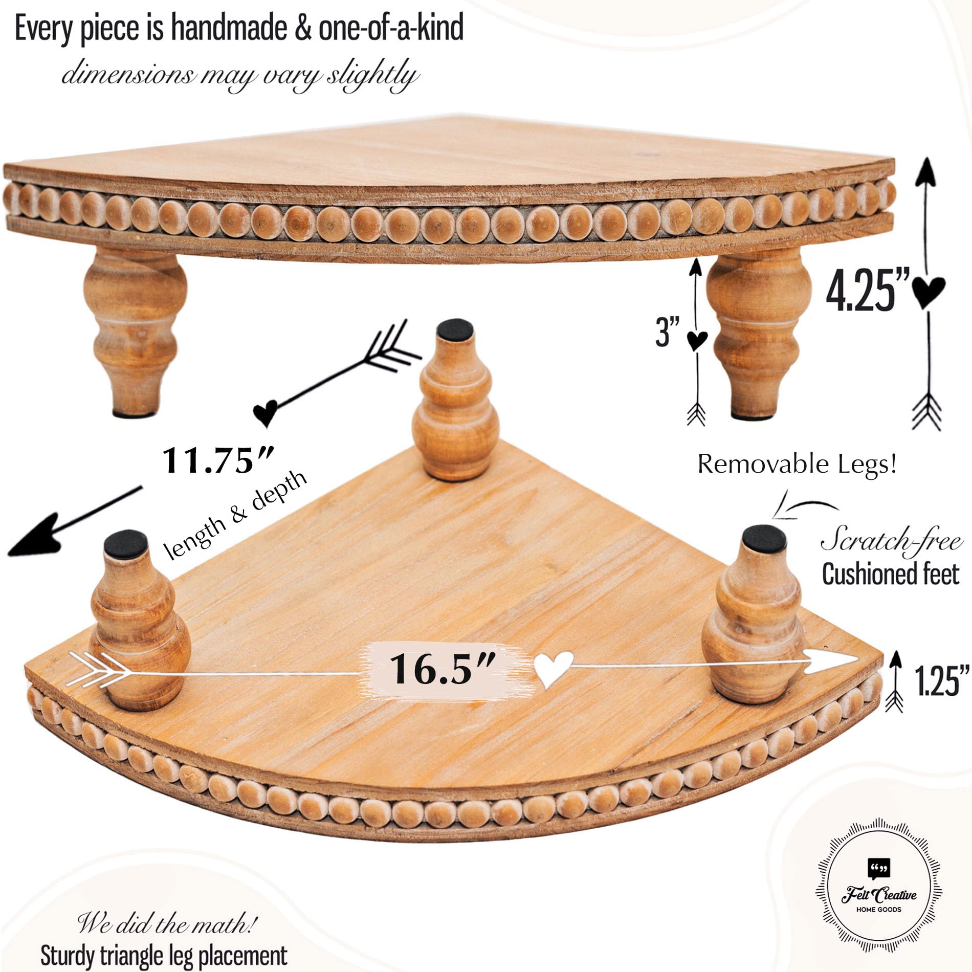 Farmhouse Corner Shelf Stand [with Removable Feet] - Bathroom Countertop Organizer, Decorative Tray Riser, Beaded Wooden Tray, Corner Tray Plant Stand, Coffee Bar Organizer for Kitchen Countertop