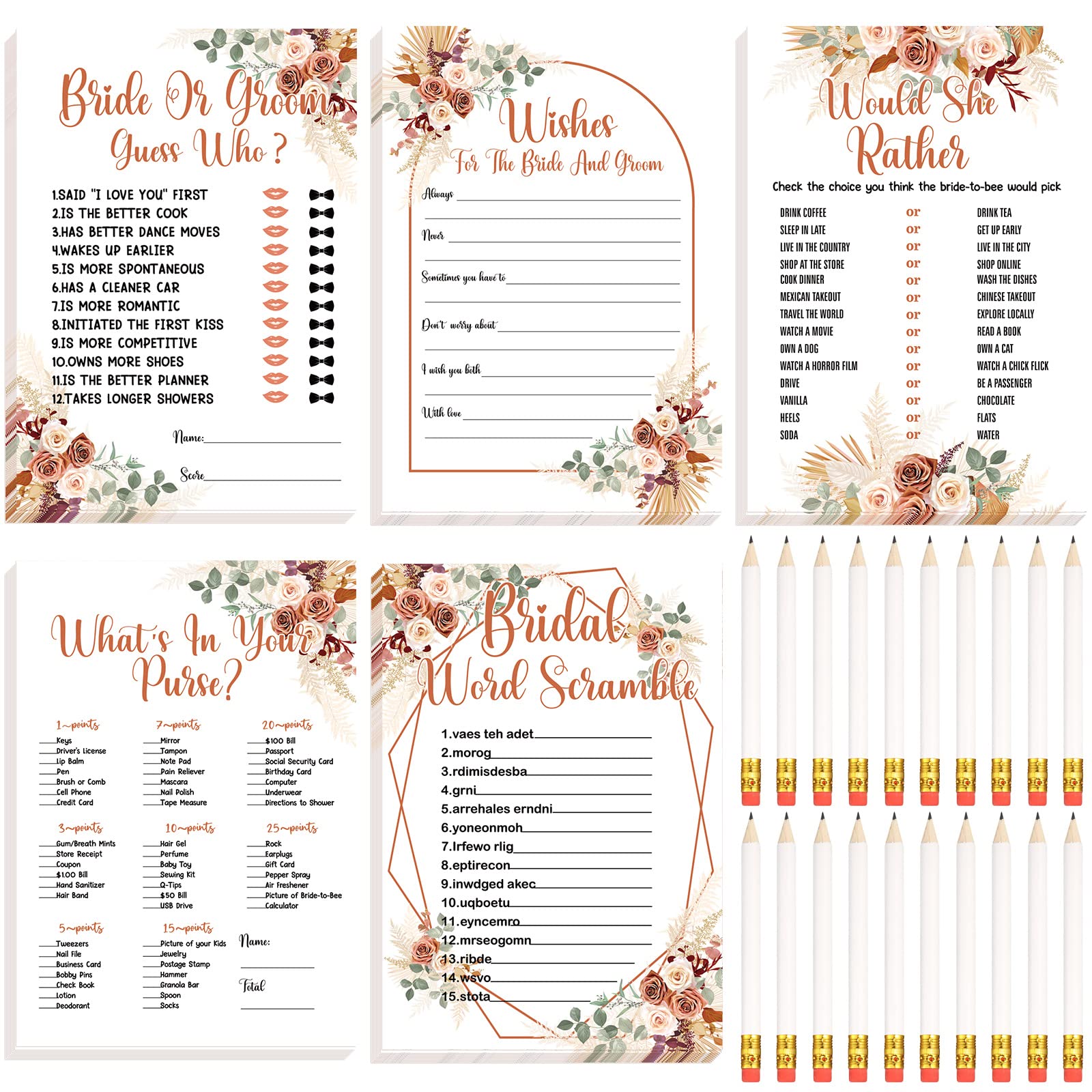 Funtery 220 Pieces Bridal Shower Games Cards Bridal Shower Games Supplies Including Wedding Cards and 20 Pcs Pencils for Bride and Groom Supplies Bachelorette Party Wedding Shower Party Favor (Boho)