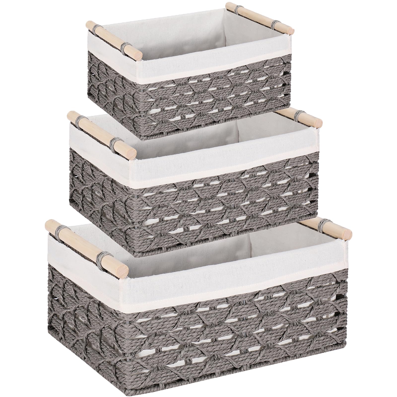 Vagusicc Woven Storage Basket, Hand-Woven Round Paper Rope Wicker Storage Basket with Cotton Liner and Wooden Handles, Wicker Baskets for Shelves Organizing & Decor, Grey, 3-Pack