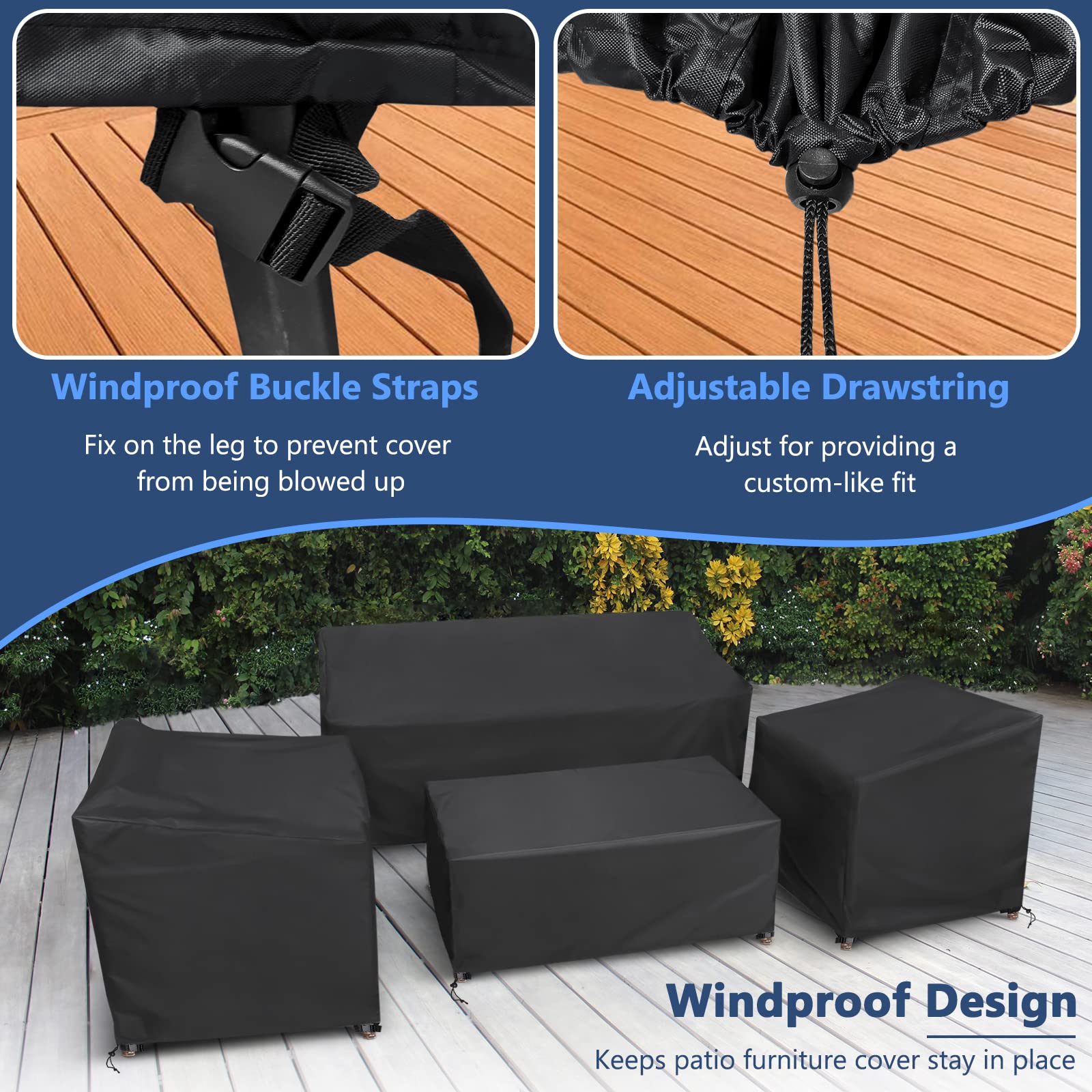 STARTWO Outdoor Furniture Cover Waterproof, 4 Piece Patio Furniture Covers Set, Heavy Duty Lawn Patio Covers for 1xSofa Cover, 2xChair Covers, 1xCoffee Table Cover with Windproof Buckle Strap, Black