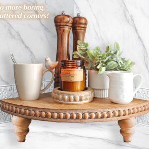 Farmhouse Corner Shelf Stand [with Removable Feet] - Bathroom Countertop Organizer, Decorative Tray Riser, Beaded Wooden Tray, Corner Tray Plant Stand, Coffee Bar Organizer for Kitchen Countertop