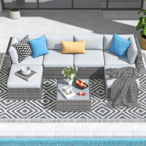 Patiorama 7 Piece Outdoor Furniture, All Weather Grey Wicker Sectional Sofa Set with Corner Sofa Chair Ottoman Table, Light Grey