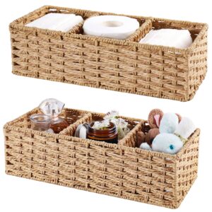 vagusicc 3-section wicker baskets for shelves, hand-woven round paper rope wicker storage basket, toilet paper basket for toilet tank top, baskets for organizing, 2-pack