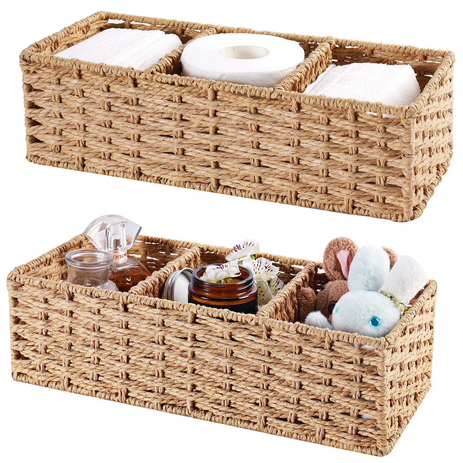 Vagusicc 3-Section Wicker Baskets for Shelves, Hand-Woven Round Paper Rope Wicker Storage Basket, Toilet Paper Basket for Toilet Tank Top, Baskets for Organizing, 2-Pack