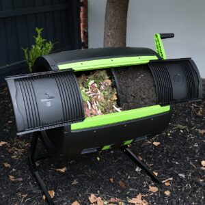 Maze 65 Gallon Outdoor Compost Bin Tumbler for Food Waste - Outdoor Compost Bin for Kitchen Garden & Homestead - Heavy Duty Dual Chamber Waste Recycling Machine