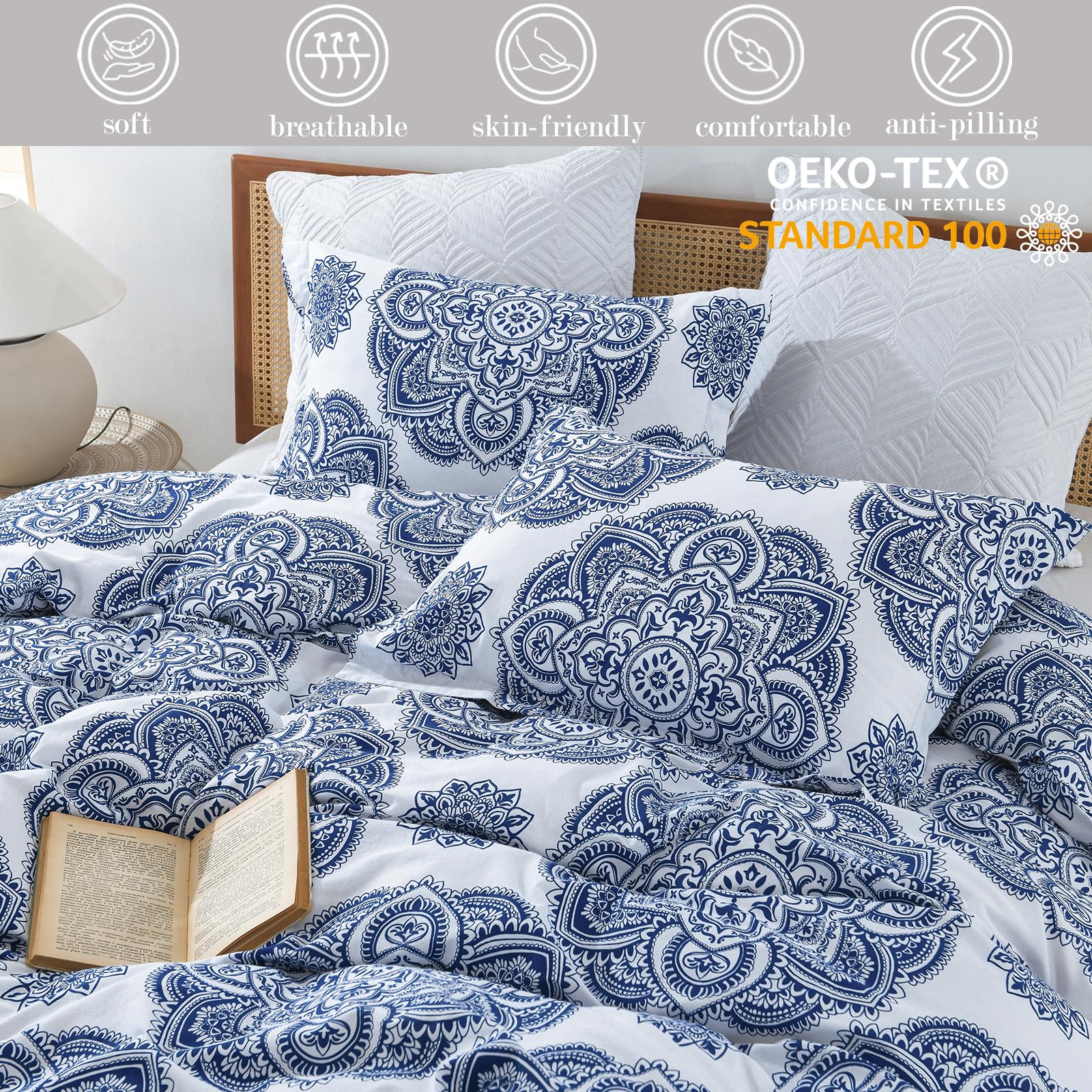 CozyQQ Cotton Duvet Cover King - 100% Cotton 400TC Winter Soft Royal Blue Floral Damask Paisley King Duvet Cover Set, 3 PCS King Duvet Cover with Zipper Closure (104x90, No Comforter)