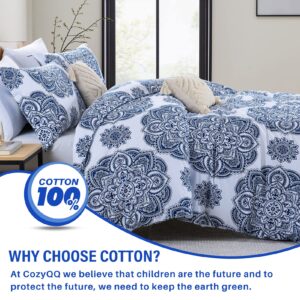 CozyQQ Cotton Duvet Cover King - 100% Cotton 400TC Winter Soft Royal Blue Floral Damask Paisley King Duvet Cover Set, 3 PCS King Duvet Cover with Zipper Closure (104x90, No Comforter)