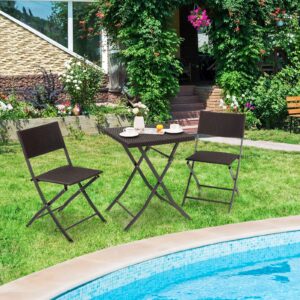 Tangkula 3 Piece Patio Bistro Set, Folding Wicker Chairs & Table Set, Solid Metal Frame, Outdoor Patio Furniture Set for Garden, Front Porch, Poolside, No Assembly Needs (Brown)