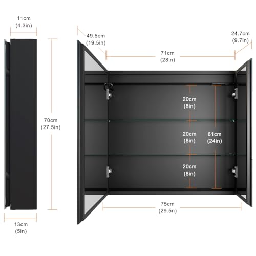 KWW 30 x 28 Inch Double Doors LED Lighted Bathroom Medicine Cabinet, Defogger, Dimmable, 3 Color Light Makeup Mirror, Outlets & USBs, Easy to Install, Wall Mounted Mirror Cabinet