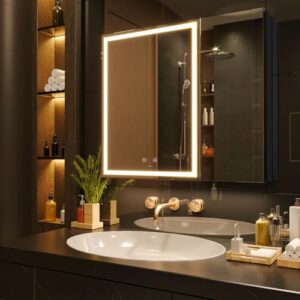 kww 30 x 28 inch double doors led lighted bathroom medicine cabinet, defogger, dimmable, 3 color light makeup mirror, outlets & usbs, easy to install, wall mounted mirror cabinet