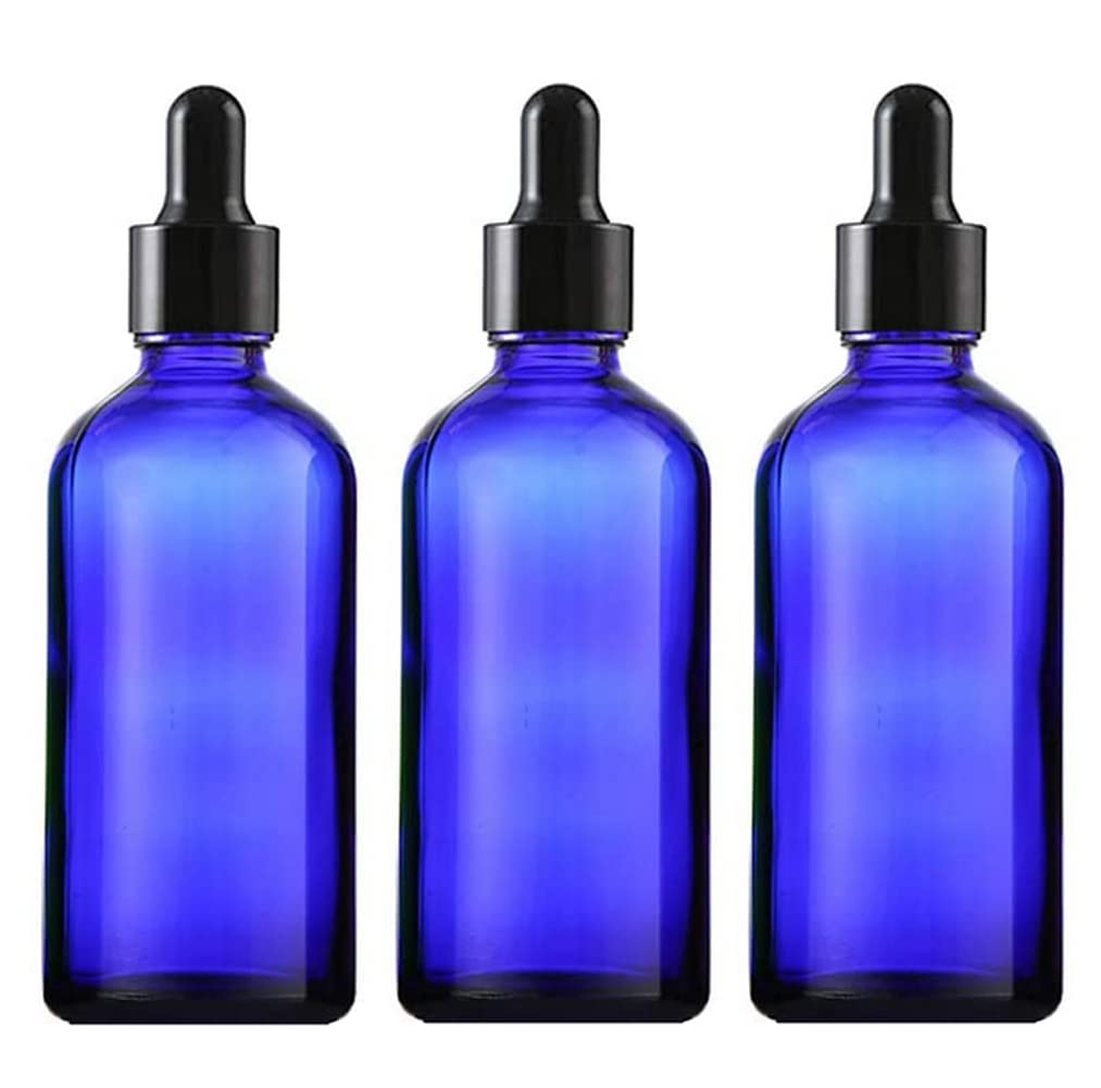 3 Pack 100ml/3.5oz Cobalt Blue Glass Bottles with Glass Eye Droppers Empty Refillable Essential Oils Perfume Dropper Dispenser Sample Travel Makeup Container Storage Vias for Travel Aromatherapy Lab