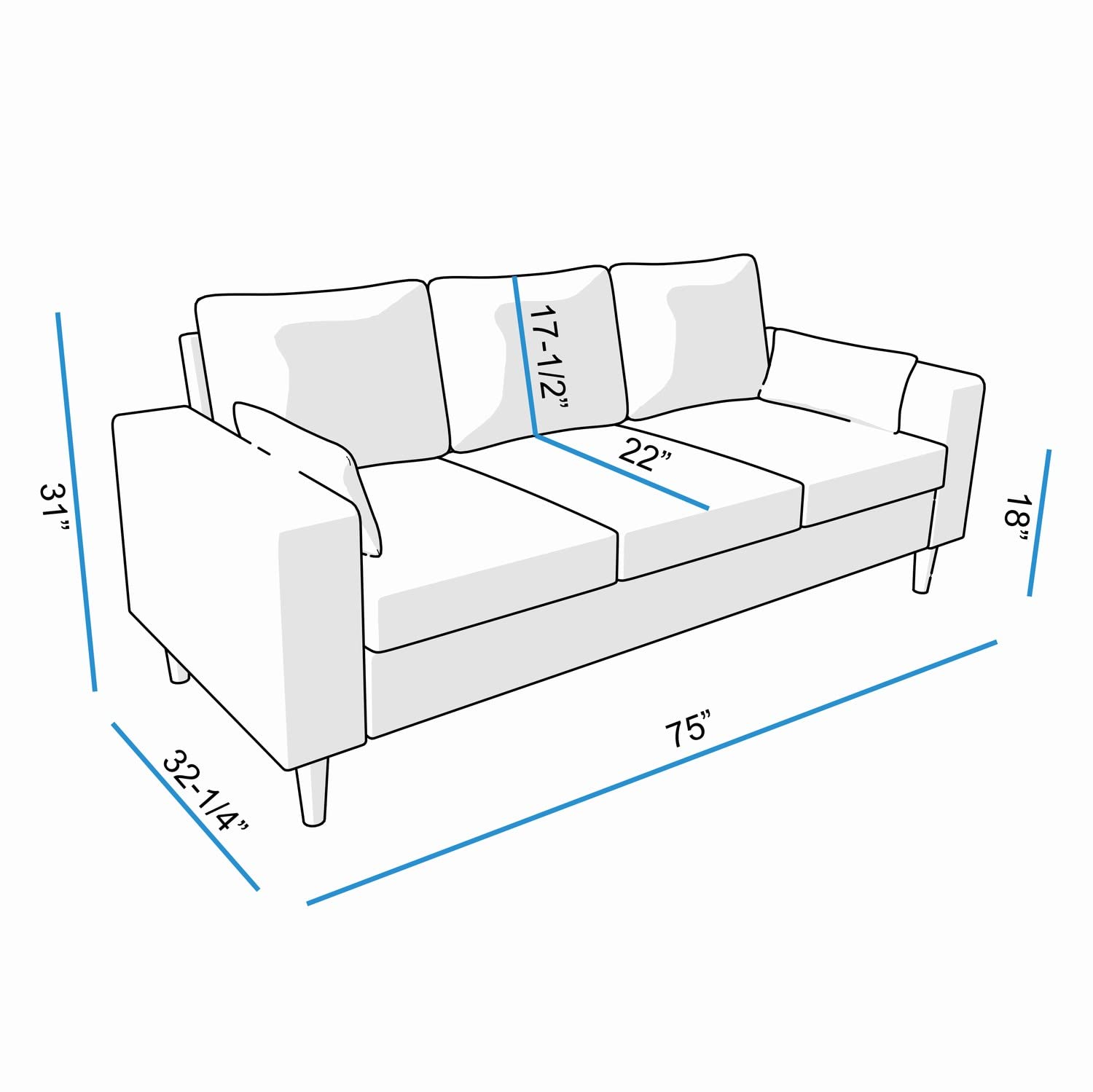 Panana 3 Seater Sectional Upholstered Fabric Sofa 76.5 Couch for Compact Living Room with Wood Legs, Free 2 Small Cushions,Grey 3 Seater