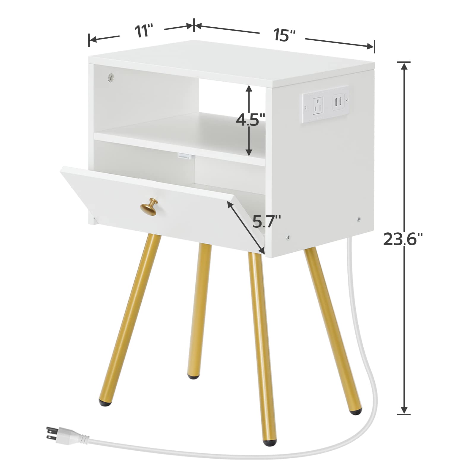 HOOBRO Nightstand with Charging Station, End Table with USB Ports and Outlet, Side Table for Tight Spaces, Solid and Stable, for Office, Bedroom, Study, White and Gold DW88UBZ01