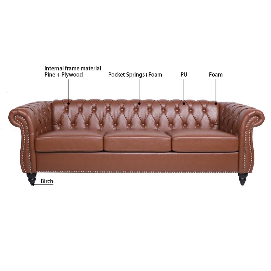 HoRunzelin Chesterfield Luxury PU Leather 3 Seater Sofa Couch,Classic Tufted Button and Nailhead Rolled Arm for Office Living Room,Brown