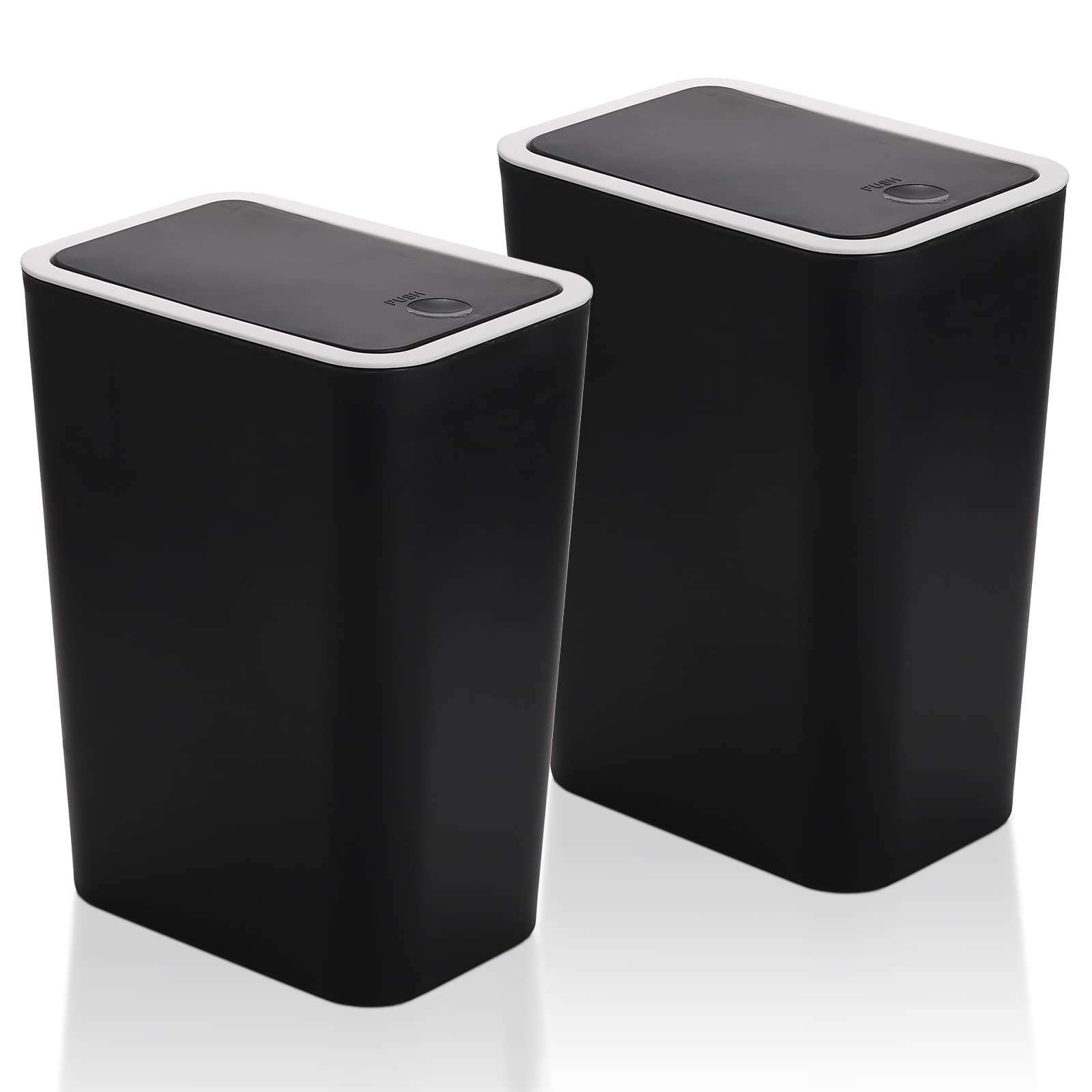 Fasmov Trash Can, 2 Pack 7.5 Liter / 2 Gallon Plastic Garbage Container Bin with Press Top Lid, Garbage Can Waste Basket for Kitchen, Bathroom, Living Room, Office, Narrow Place, Black