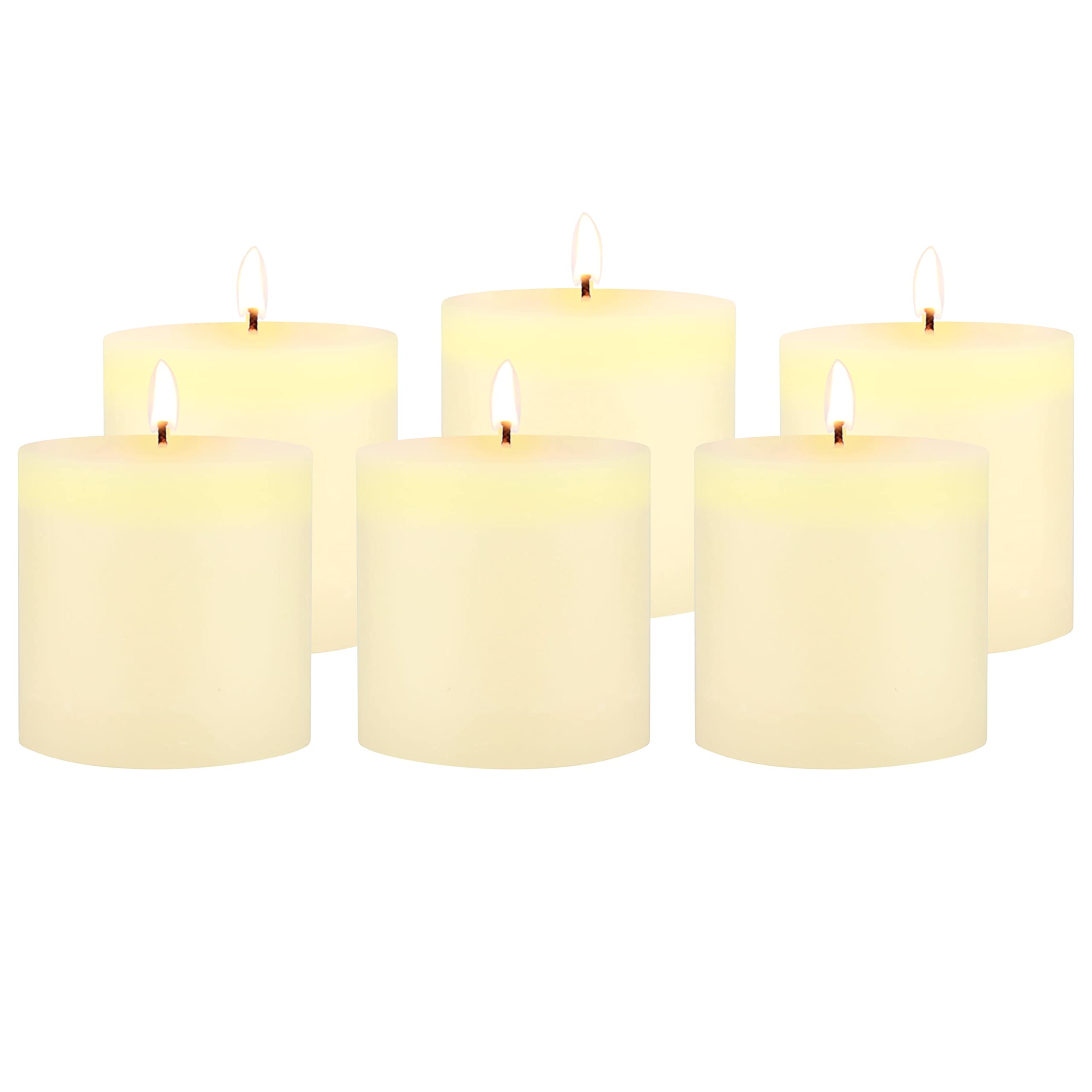 Stonebriar Tall 3 x 3 Inch 40 Hour Long Burning Unscented Wax Flat Top Pillar Candles, Ivory, 6 Pack