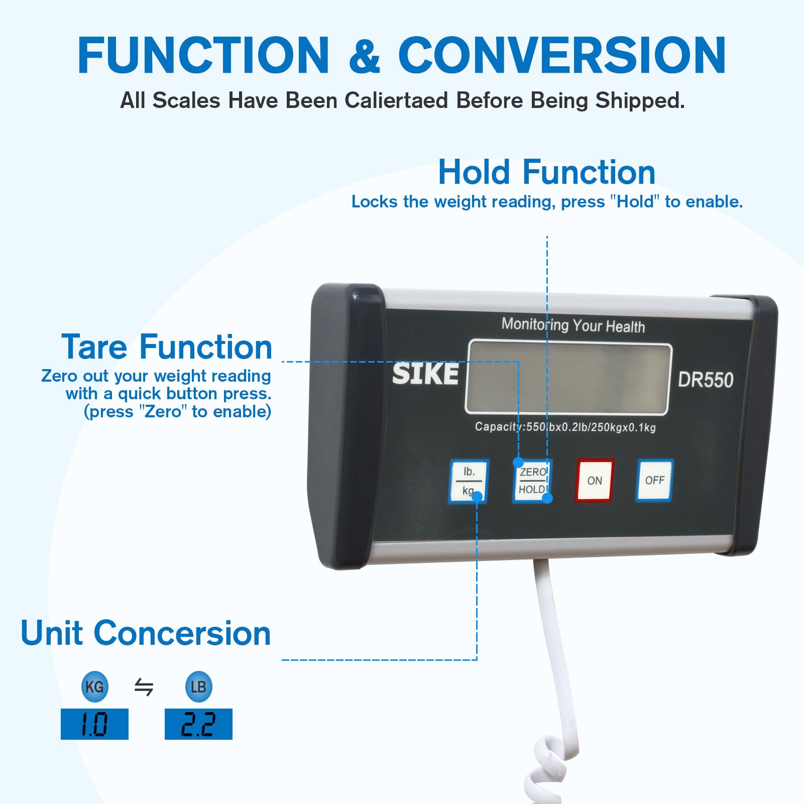 SIKE Physician Scale, Medical Floor Scale for Body Weight, 550 lb Limit Professional Weight Scale, Portable Easy to Read Digital Display, Heavy Duty, Pound & KG Settings, 12.5" x 12" Platform