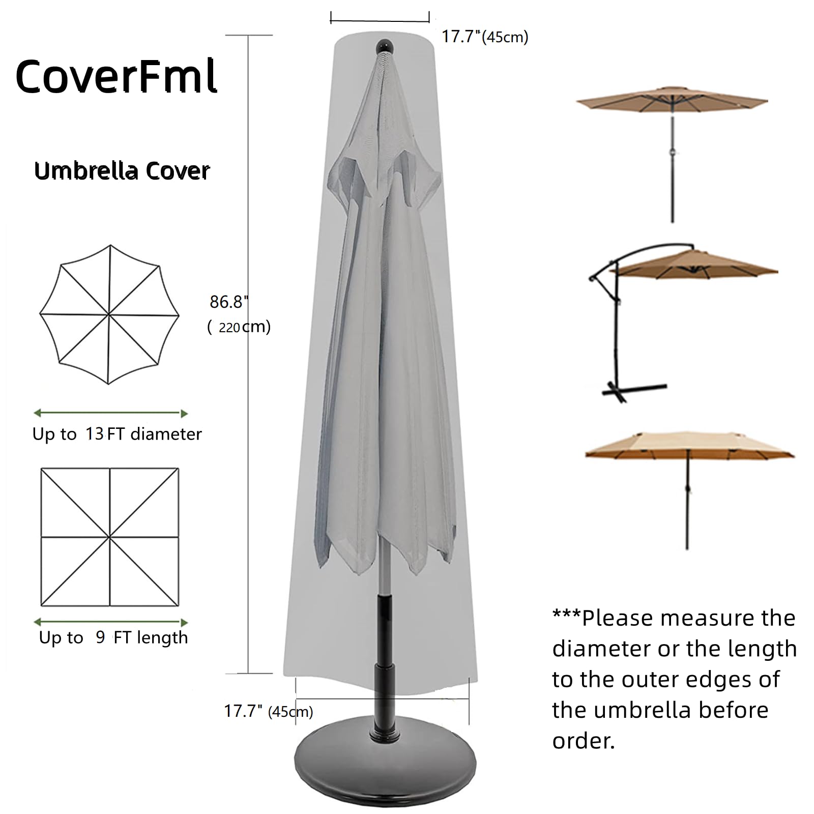 CoverFml Patio Umbrella Cover-420D Waterproof Rectangular Umbrella Cover-Fits 6-9Ft Outdoor Market Parasol, 13Ft Double Sided Umbrella(Coffee) .