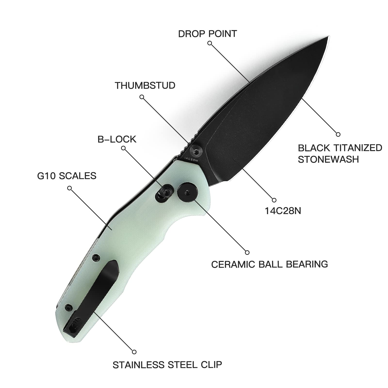 BESTECHMAN Ronan EDC Folding Knife Jade G10 Handle Pocket Knife, 14C28N Steel Thumb-Stud Outdoor Tools, BMK02I (Jade Handle)