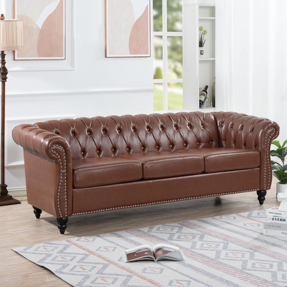 HoRunzelin Chesterfield Luxury PU Leather 3 Seater Sofa Couch,Classic Tufted Button and Nailhead Rolled Arm for Office Living Room,Brown