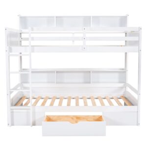 Harper & Bright Designs Bunk Bed Twin Over Twin with Storage,Wood Twin Bunk Beds with Built-in Shelves Beside Both Upper & Down Bed,Multi Storage Bunk Beds with Drawer for Kids Girls Boys,White