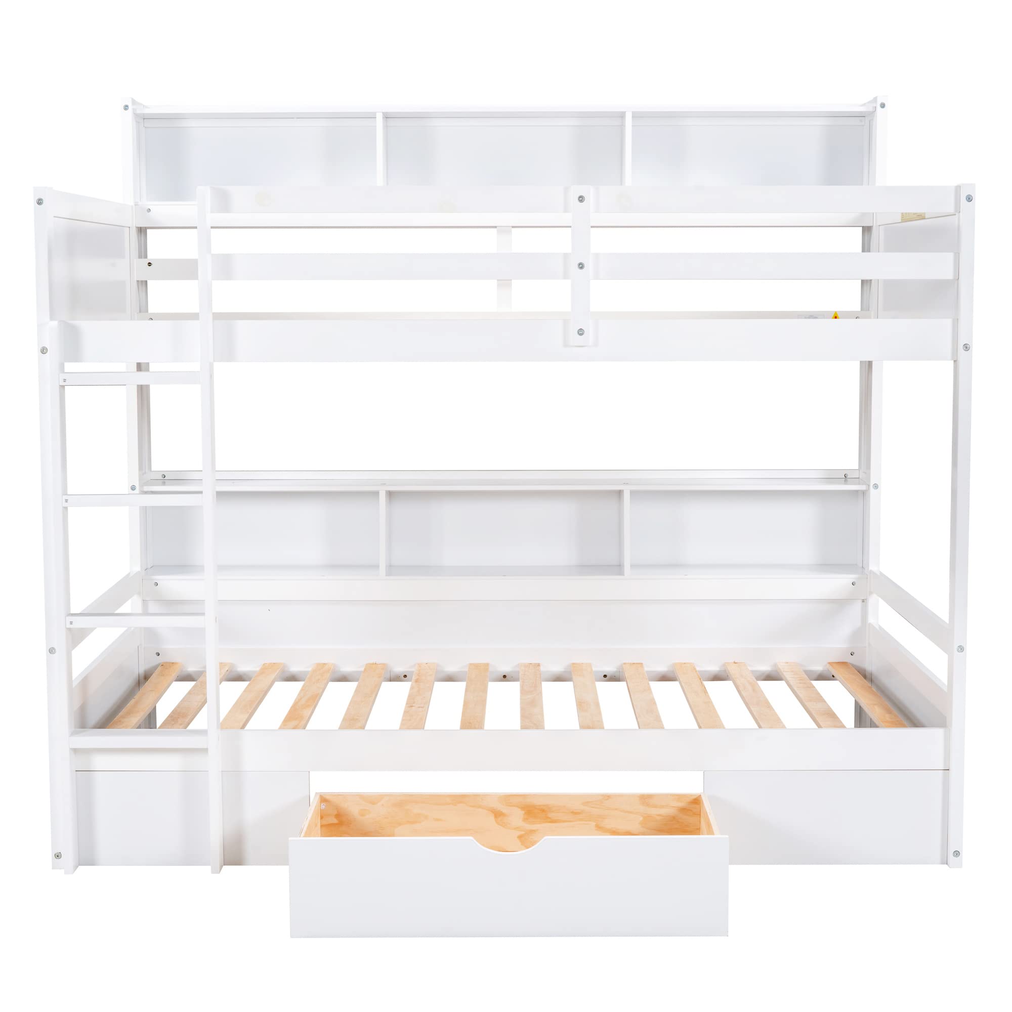 Harper & Bright Designs Bunk Bed Twin Over Twin with Storage,Wood Twin Bunk Beds with Built-in Shelves Beside Both Upper & Down Bed,Multi Storage Bunk Beds with Drawer for Kids Girls Boys,White