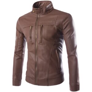 maiyifu-gj men's stand collar faux leather jacket pu full-zip slim fit bomber coat vintage lightweight motorcyle outwear (dark brown,xx-large)