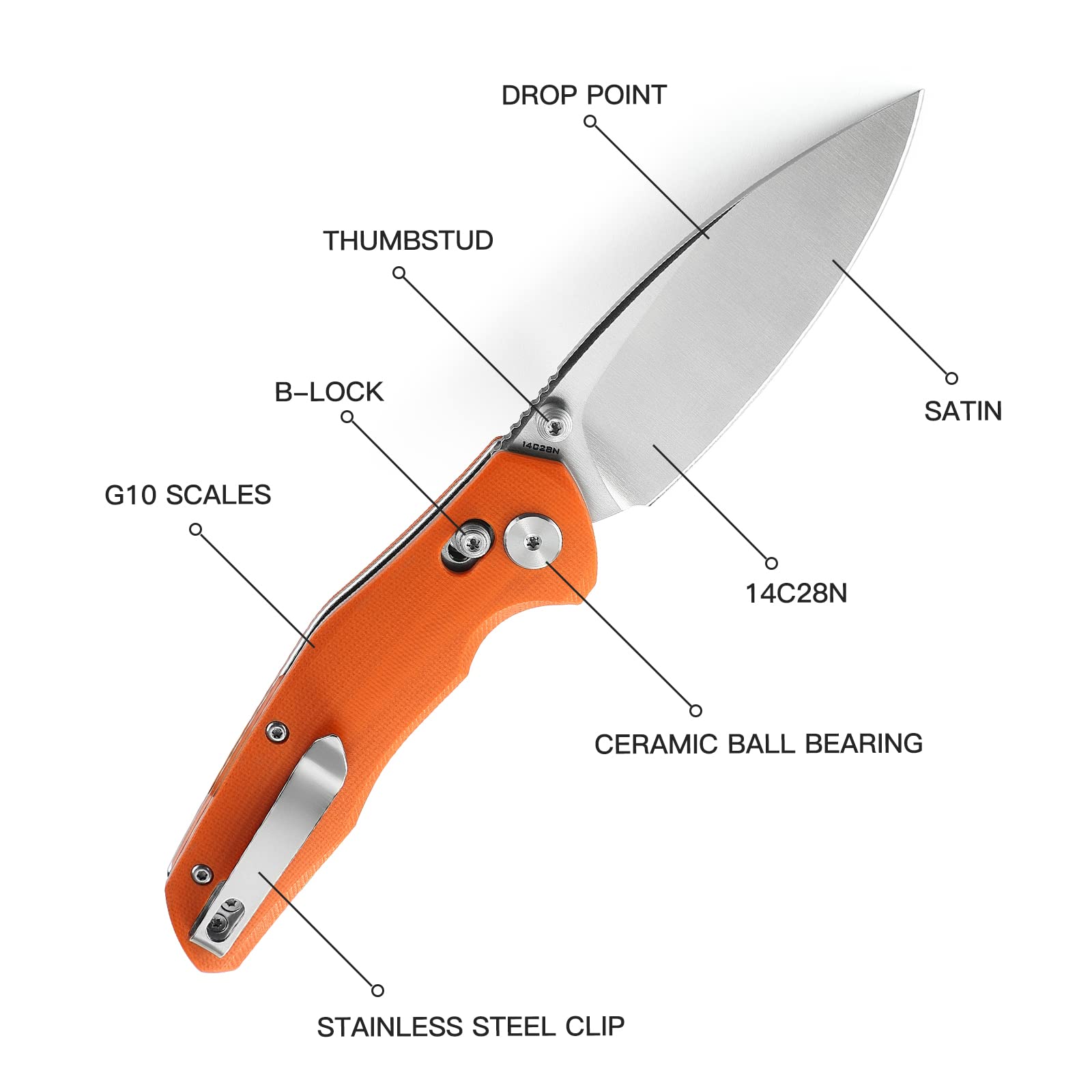 BESTECHMAN Ronan EDC Folding Knife Orange G10 Handle Pocket Knife, 14C28N Steel Thumb-Stud Outdoor Tools, BMK02C (Orange Handle)