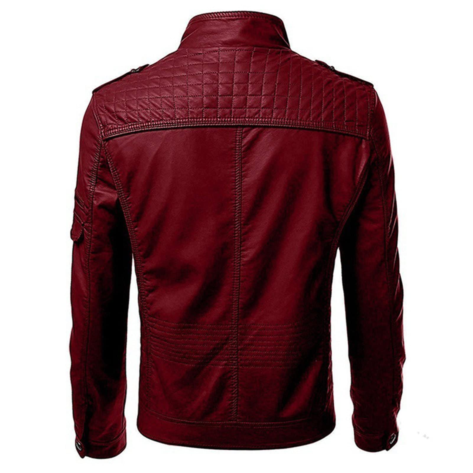 Maiyifu-GJ Slim Motorcycle Jacket for Men Faux Leather Zip Up Windproof Moto Coat Stand Collar Vintage Bomber Outerwear (Red Wine,X-Large)