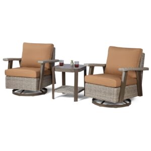 Joyside Outdoor 360 Degree Swivel Rocker Patio Chairs Sets of 2 and Matching Side Table - 3 Piece Wicker Patio Bistro Set with Premium Fabric Cushion(Grey/Camel)