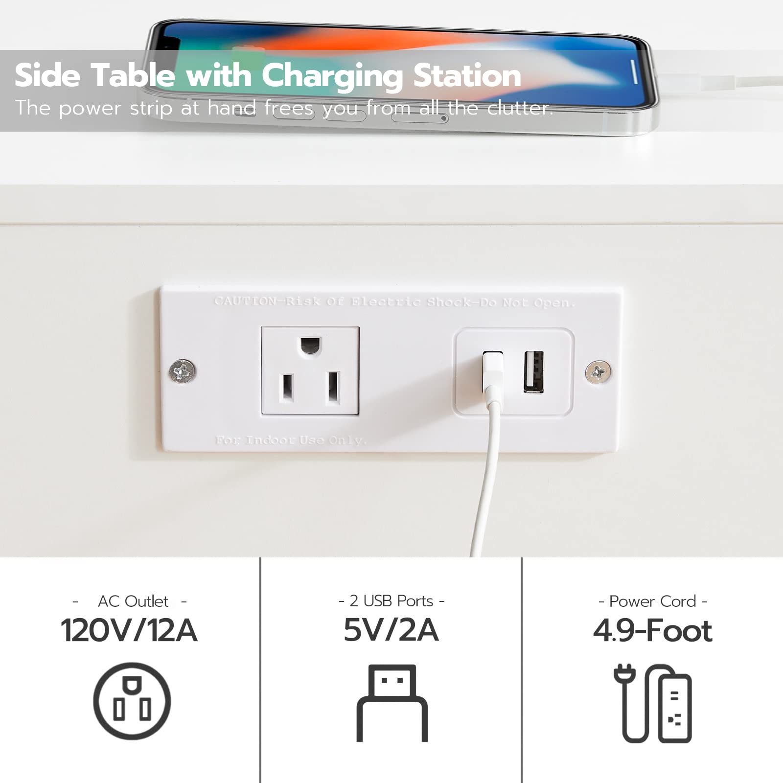 HOOBRO Nightstand with Charging Station, End Table with USB Ports and Outlet, Side Table for Tight Spaces, Solid and Stable, for Office, Bedroom, Study, White and Gold DW88UBZ01