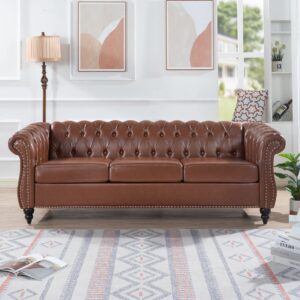 horunzelin chesterfield luxury pu leather 3 seater sofa couch,classic tufted button and nailhead rolled arm for office living room,brown