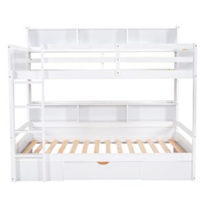 Harper & Bright Designs Bunk Bed Twin Over Twin with Storage,Wood Twin Bunk Beds with Built-in Shelves Beside Both Upper & Down Bed,Multi Storage Bunk Beds with Drawer for Kids Girls Boys,White