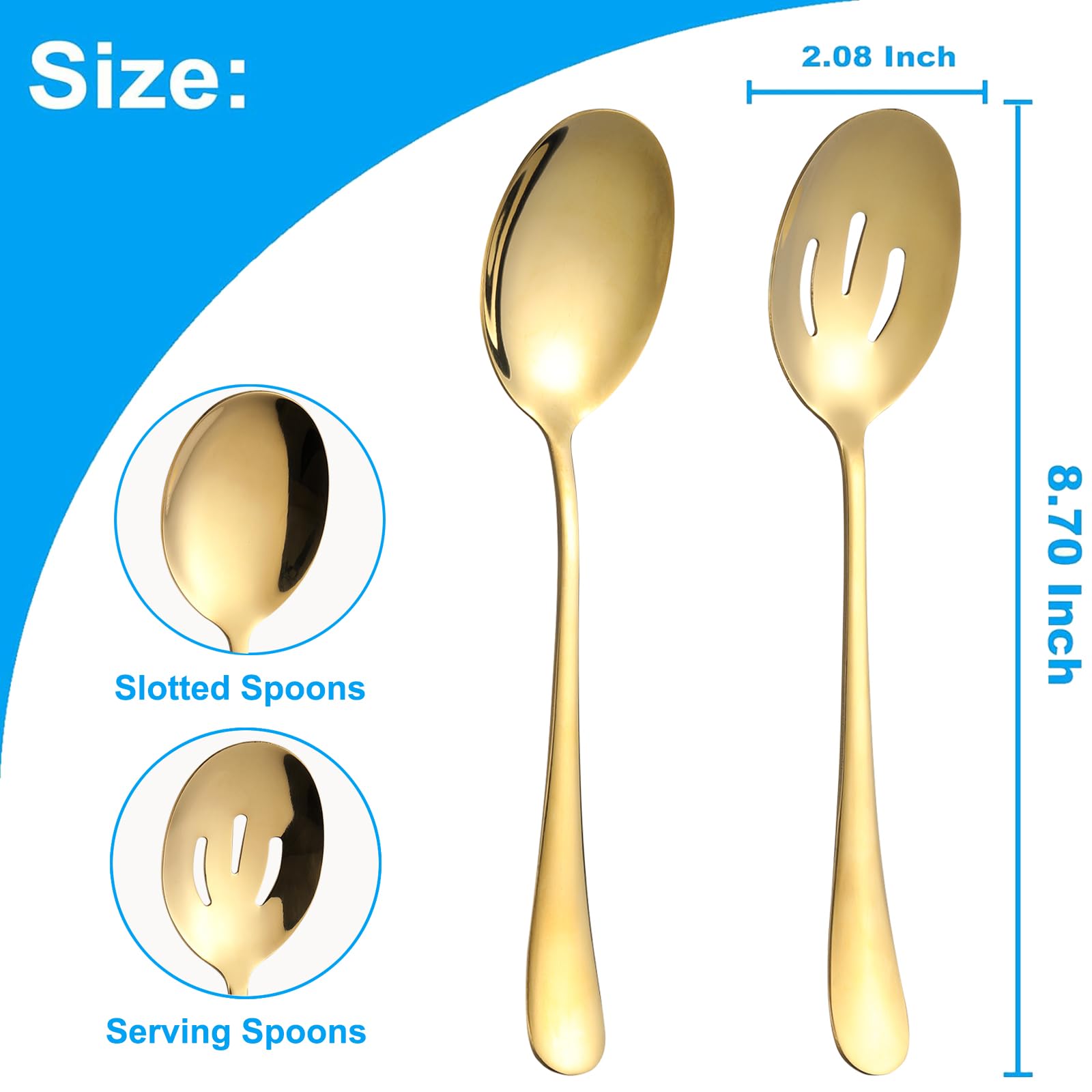 6 Pieces Serving Spoons Set, 8.7 Inch Serving Spoon, Includes 3 Serving Spoons and 3 Slotted Spoons, Stainless Steel Buffet Banquet Spoons, Large Spoons Utensils Cutlery Set for Kitchen, Gold