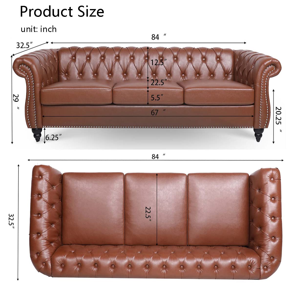 HoRunzelin Chesterfield Luxury PU Leather 3 Seater Sofa Couch,Classic Tufted Button and Nailhead Rolled Arm for Office Living Room,Brown