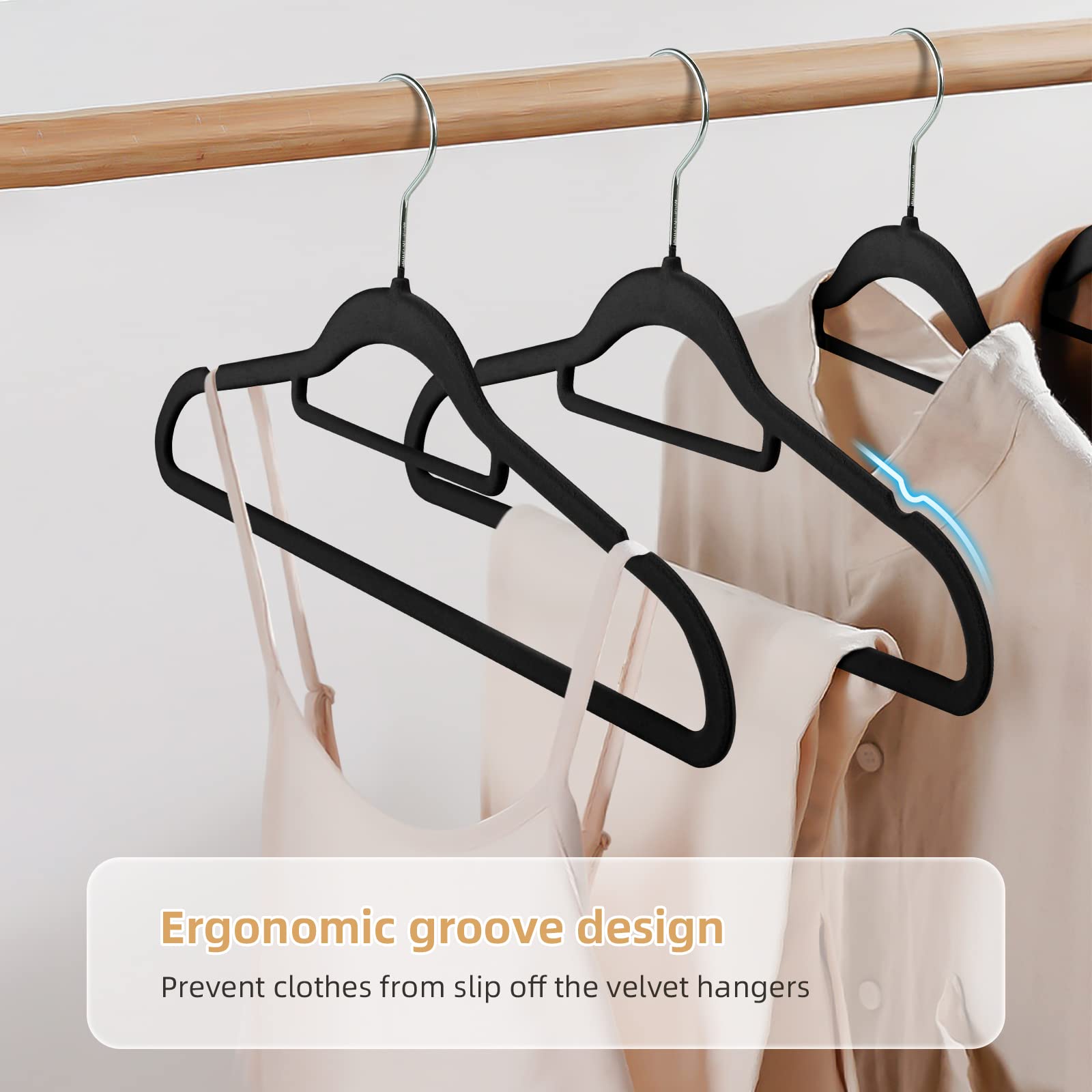 JohneyRulu Velvet Non-Slip Black Hangers - Space-Saving Heavy-Duty Suit Hangers with 360° Swivel Hook - 20 Pack