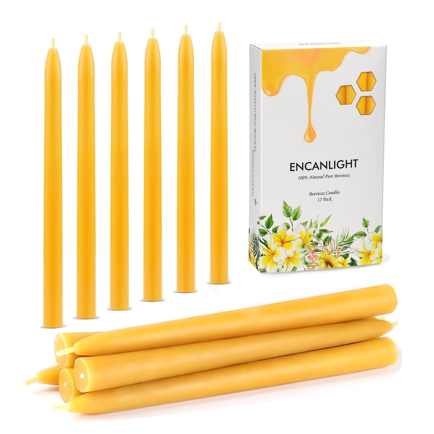 Beeswax Taper Candles, 10 inch Natural Beeswax Tapers Candle Sticks 12 Pack - Unscented and Smokeless - 9 Hours Long Burning Time for Home Decor, Party, Wedding