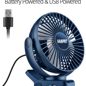 VANPRT 5000mah Clip on Fan, 6'' Portable Rechargeable Battery Fan, 7-30 Working Hours, 3 Speeds Strong Airflow, 720° Rotation, Quiet, Strong Clamp for Desk/Office/Golf/Car/Gym/Treadmill - Blue