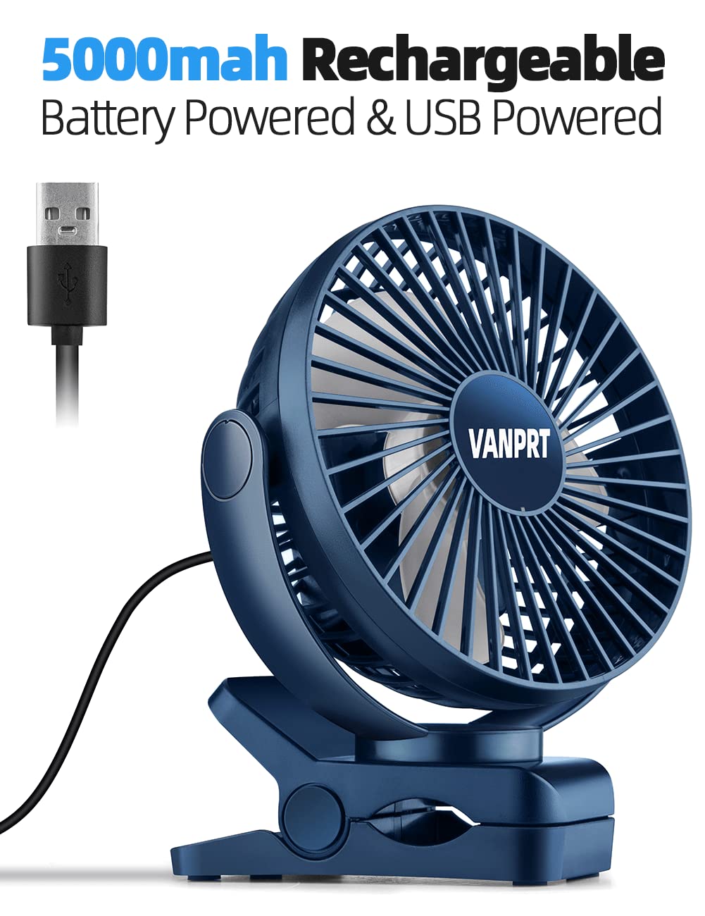 VANPRT 5000mah Clip on Fan, 6'' Portable Rechargeable Battery Fan, 7-30 Working Hours, 3 Speeds Strong Airflow, 720° Rotation, Quiet, Strong Clamp for Desk/Office/Golf/Car/Gym/Treadmill - Blue