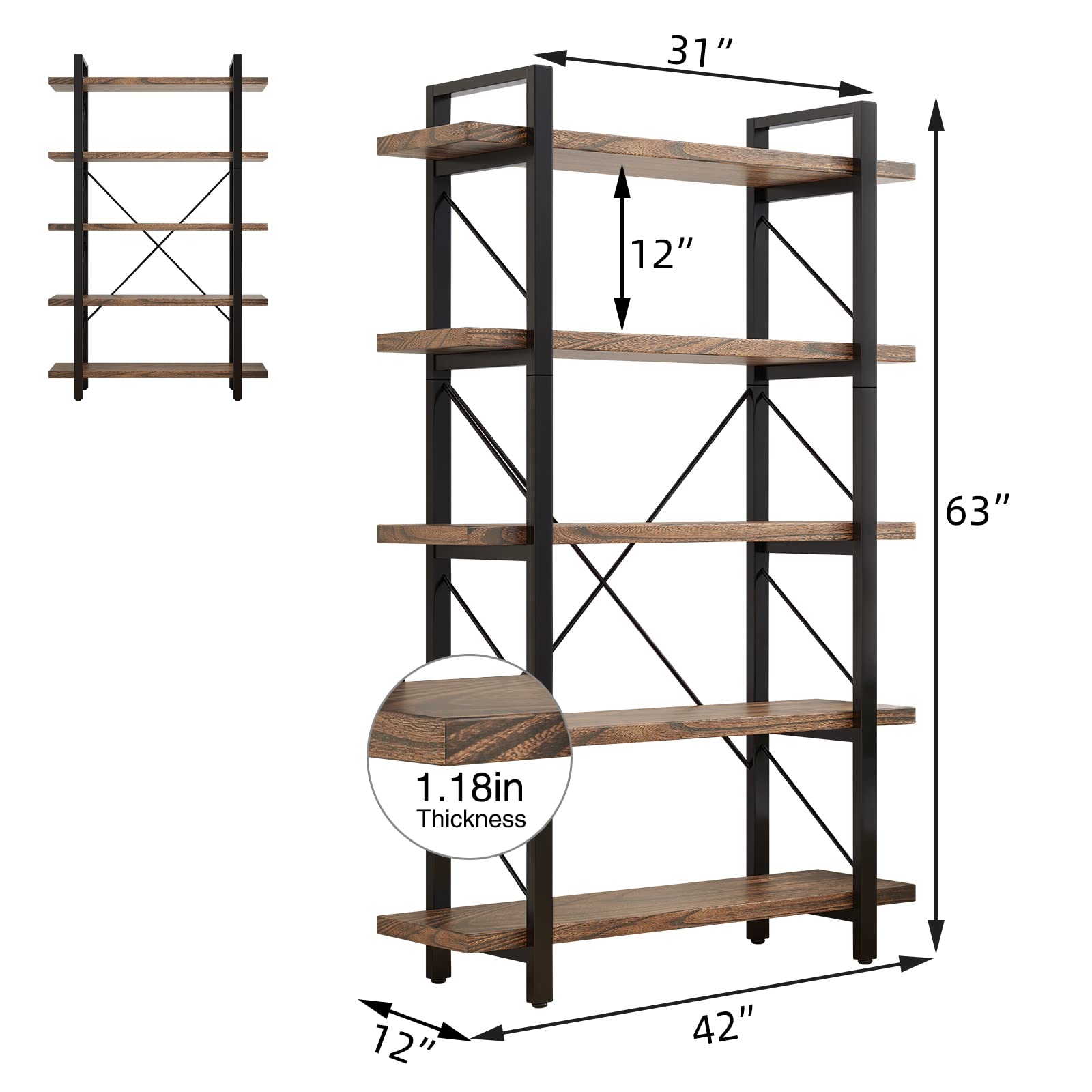 LZ-DONGMAN 5-Tier Bookshelf Large Etagere Book Shelves,Industrial Style Bookcase and Book Shelves,Open Large Real Wood Bookshelfs,Retro Brown for Living Room Office, Retro Brown (LZ01-5tier-PLUS)