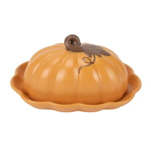 nat & jules pumpkin shaped 8 x 6 inch ceramic scalloped covered lid butter dish: perfect for decorating table settings for thanksgiving, halloween & indoor fall décor, orange