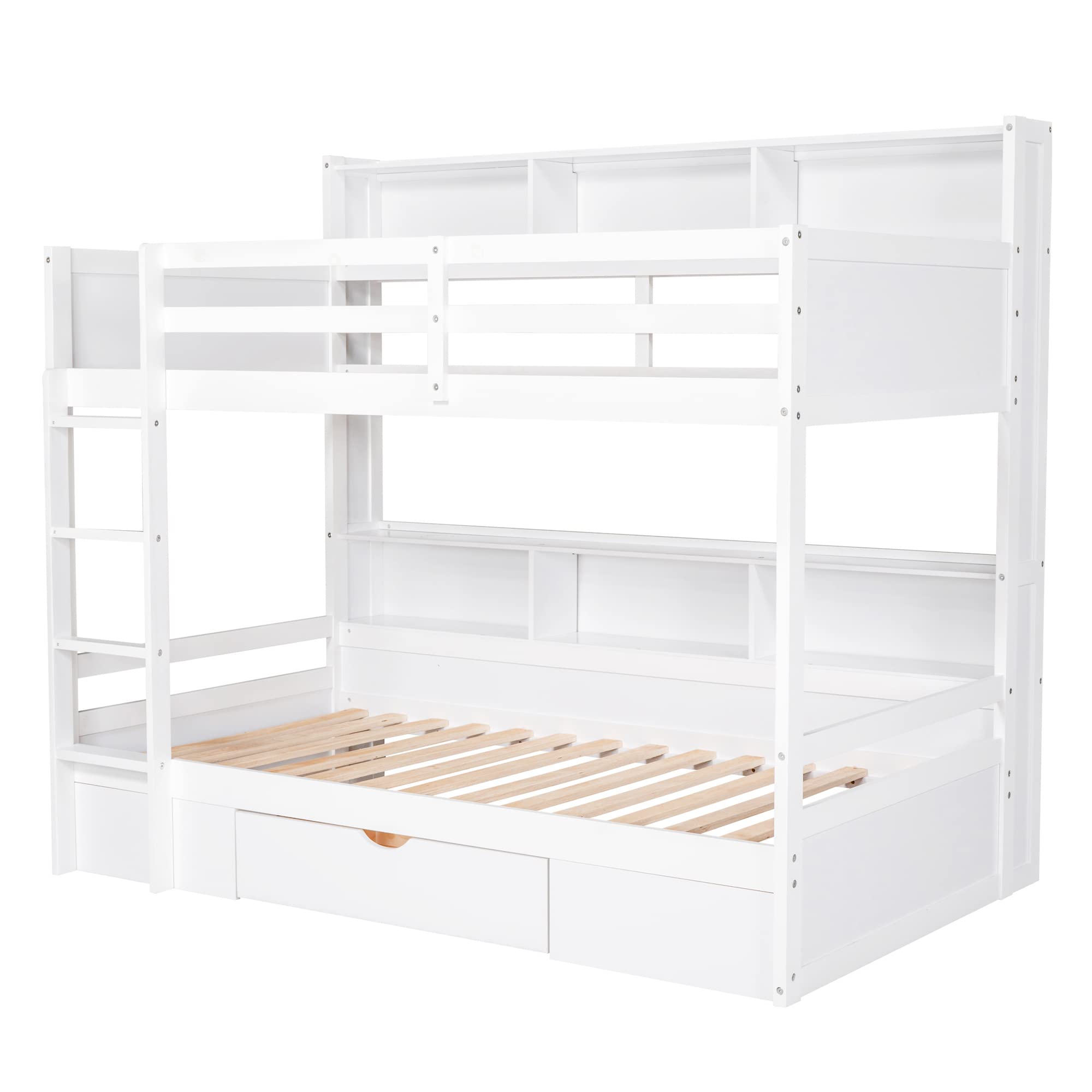 Harper & Bright Designs Bunk Bed Twin Over Twin with Storage,Wood Twin Bunk Beds with Built-in Shelves Beside Both Upper & Down Bed,Multi Storage Bunk Beds with Drawer for Kids Girls Boys,White