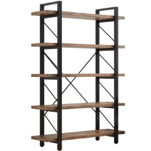 LZ-DONGMAN 5-Tier Bookshelf Large Etagere Book Shelves,Industrial Style Bookcase and Book Shelves,Open Large Real Wood Bookshelfs,Retro Brown for Living Room Office, Retro Brown (LZ01-5tier-PLUS)