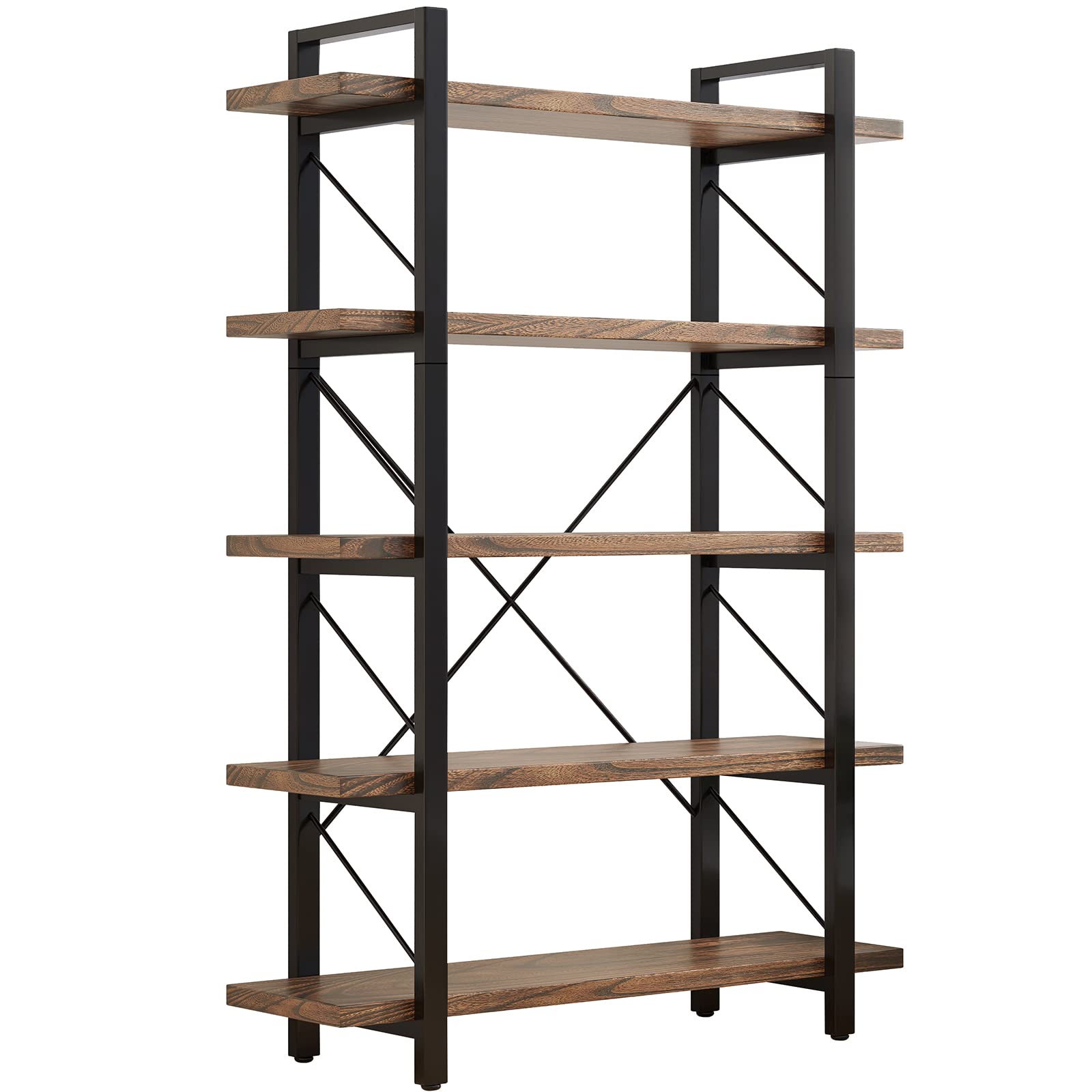 LZ-DONGMAN 5-Tier Bookshelf Large Etagere Book Shelves,Industrial Style Bookcase and Book Shelves,Open Large Real Wood Bookshelfs,Retro Brown for Living Room Office, Retro Brown (LZ01-5tier-PLUS)